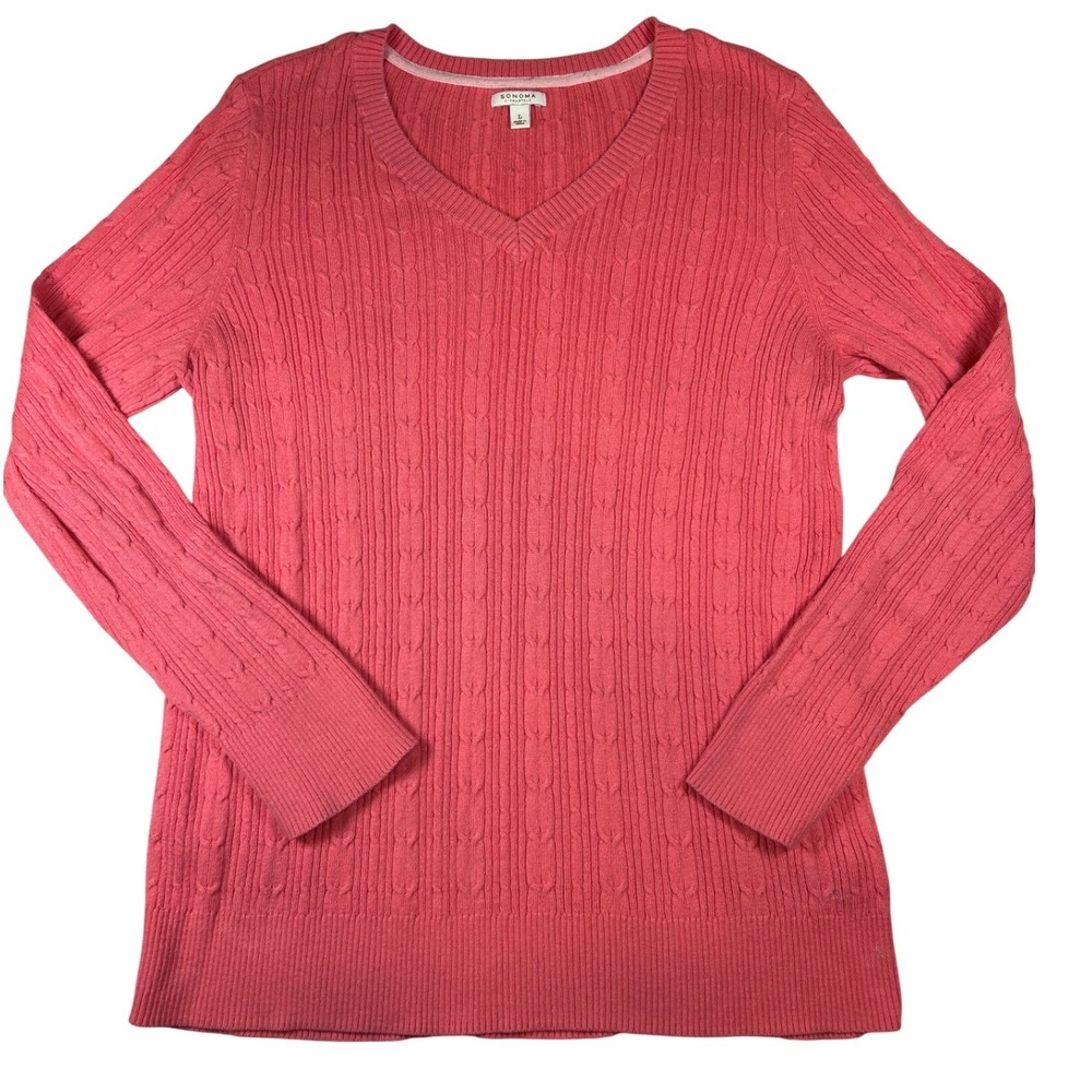 Sonoma Womens Coral Pink Cable Knit V-Neck Sweater Size L Long Sleeve Large